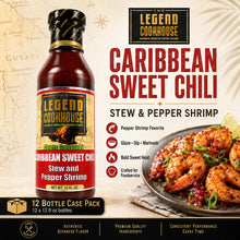 Legend Cookhouse Caribbean Sweet Chili Stew and Pepper Shrimp Sauce primary B2B hero with 12 bottle case pack callout and Guyana map background