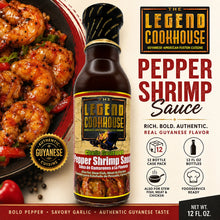 Legend Cookhouse Pepper Shrimp Sauce 12 bottle case pack hero image with shrimp, B2B callouts, and actual 12 fl oz bottle