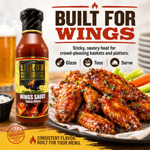 Legend Cookhouse Wings Sauce 12 bottle case pack foodservice hero with tomato garlic habanero flavor callouts