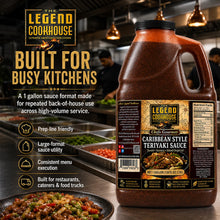Legend Cookhouse Caribbean Style Teriyaki Sauce 1 gallon jug in a commercial kitchen with busy kitchen foodservice callouts