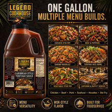 Legend Cookhouse Caribbean Style Teriyaki Sauce 1 gallon jug with multiple menu builds including chicken stir fry beef peppers shrimp noodles rice bowl vegetable stir fry and catering service