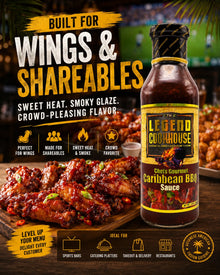 Legend Cookhouse Caribbean BBQ Sauce with wings and shareable platters for sports bars, catering, and restaurants.