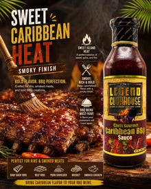Legend Cookhouse Caribbean BBQ Sauce with wings and shareable platters for sports bars, catering, and restaurants.