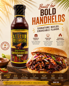 Legend Cookhouse Caribbean BBQ Sauce bottle with a burger on a wooden board, featuring text about the sauce's qualities.