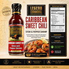 Legend Cookhouse Caribbean Sweet Chili Sauce nutrition and ingredients panel with 12 fl oz, 12 bottle case pack, allergens and keep refrigerated after open