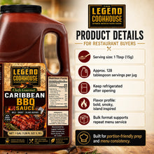 Legend Cookhouse Caribbean BBQ Sauce product details for restaurant buyers with serving storage and bulk format callouts