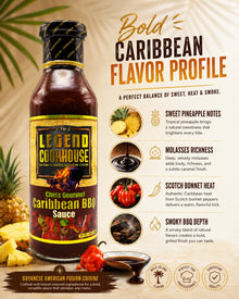 Legend Cookhouse Caribbean BBQ Sauce with ribs and smoked meats for BBQ menus.
