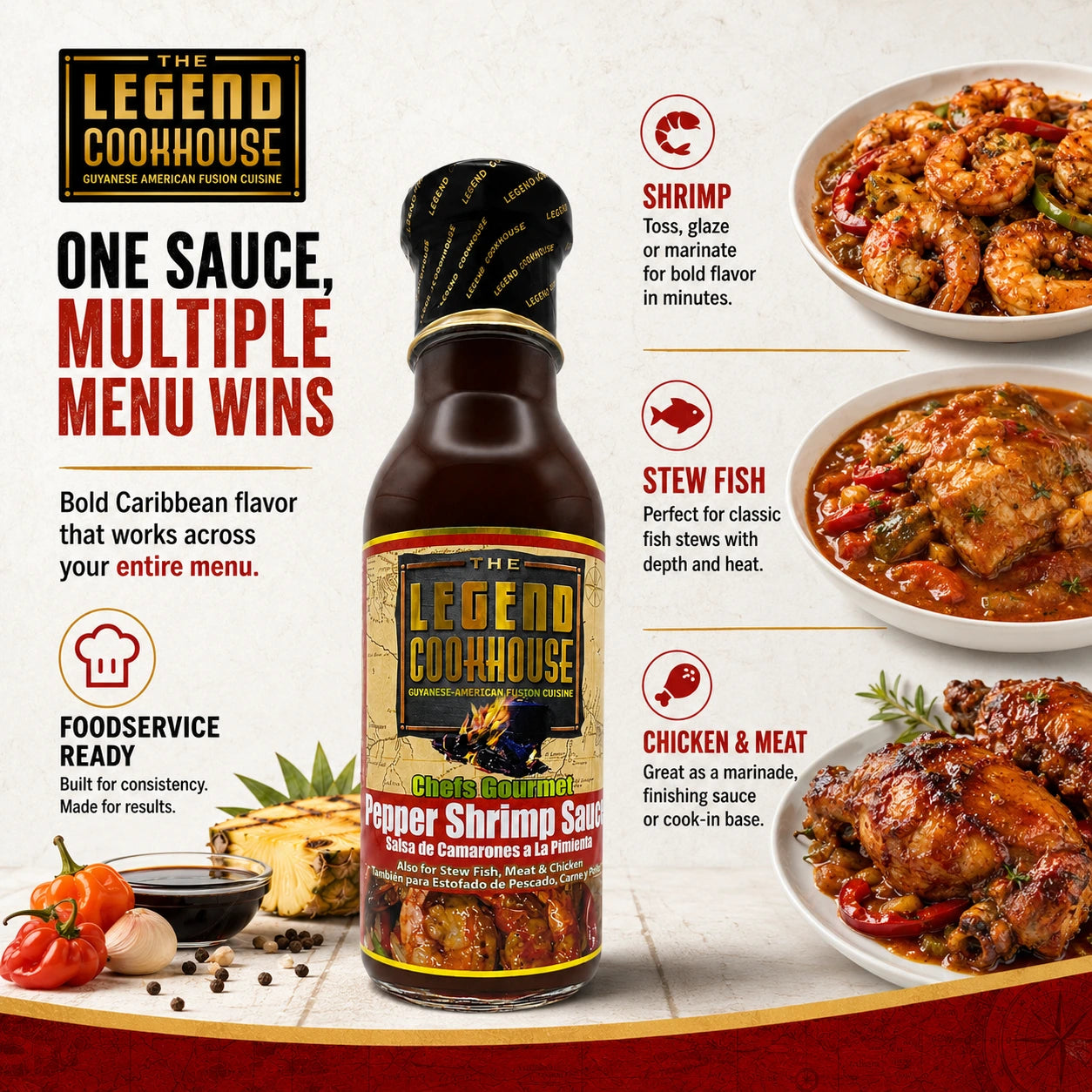 Legend Cookhouse Pepper Shrimp Sauce product benefit layout for restaurants, caterers, seafood menus, and professional kitchens