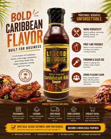 Legend Cookhouse Caribbean BBQ Sauce with ribs and smoked meats for BBQ menus.