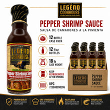 Legend Cookhouse Pepper Shrimp Sauce product packaging image with 12 bottle case pack, 12 fl oz bottles, and UPC 723888998206