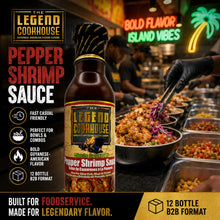 Legend Cookhouse Pepper Shrimp Sauce promotional image for foodservice buyers, seafood menus, stew fish, meat, and chicken