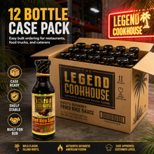 Legend Cookhouse Fried Rice Sauce neon spec board showing foodservice benefits case weight and case dimensions for B2B buyers