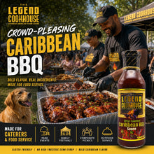 Legend Cookhouse Caribbean BBQ Sauce chef flavor profile infographic for wings, ribs, grilled chicken, burgers, sliders, and catering trays.