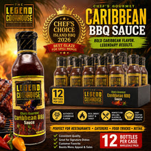 Legend Cookhouse Caribbean BBQ Sauce bottle with grilled chicken and restaurant grill station for foodservice menus.