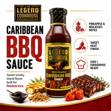 Legend Cookhouse Caribbean BBQ Sauce bottle with B2B foodservice callouts for restaurants, caterers, food trucks, and specialty retail.
