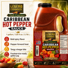 Hero product image highlighting Legend Cookhouse Caribbean Hot Pepper Sauce 1 gallon jug with bold Caribbean heat branding for foodservice buyers.