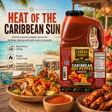 Caribbean beachside presentation of the 1 gallon hot pepper sauce emphasizing sun-drenched island flavor and tropical appeal.