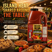 Island-inspired product storytelling graphic for Caribbean Hot Pepper Sauce with vibrant tropical color palette and B2B menu appeal.