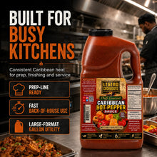 Commercial kitchen usage scene showing the hot pepper sauce positioned for prep-line, finishing, and high-volume restaurant use.