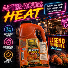 Legend Cookhouse Caribbean Hot Wings Sauce in a neon after-hours food truck scene for late-night wing service