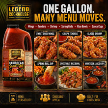 Legend Cookhouse Caribbean Sweet Chili Sauce menu versatility for wings, tenders, shrimp, spring rolls, rice bowls and sauce cups