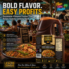 Legend Cookhouse Chow Mein Sauce in a Caribbean waterfront restaurant scene with people dining and chef service for B2B hospitality menus