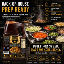 Legend Cookhouse Chow Mein Sauce one gallon jug with back-of-house prep station and ingredient callouts for commercial kitchens