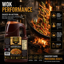 Legend Cookhouse Chow Mein Sauce one gallon jug beside wok-tossed noodles with sauce-in-action callouts
