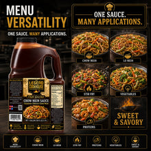 Legend Cookhouse Chow Mein Sauce one gallon jug with menu versatility panels for chow mein, lo mein, stir fry, proteins and vegetables