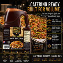 Legend Cookhouse Chow Mein Sauce one gallon jug in a catering and buffet service scene with hotel pan chow mein