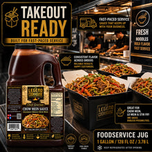 Legend Cookhouse Chow Mein Sauce one gallon jug with takeout noodle boxes and food truck service callouts