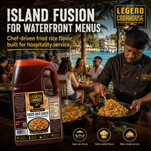 Legend Cookhouse Fried Rice Sauce in a waterfront Caribbean restaurant setting for hospitality menus and chef-driven fried rice service