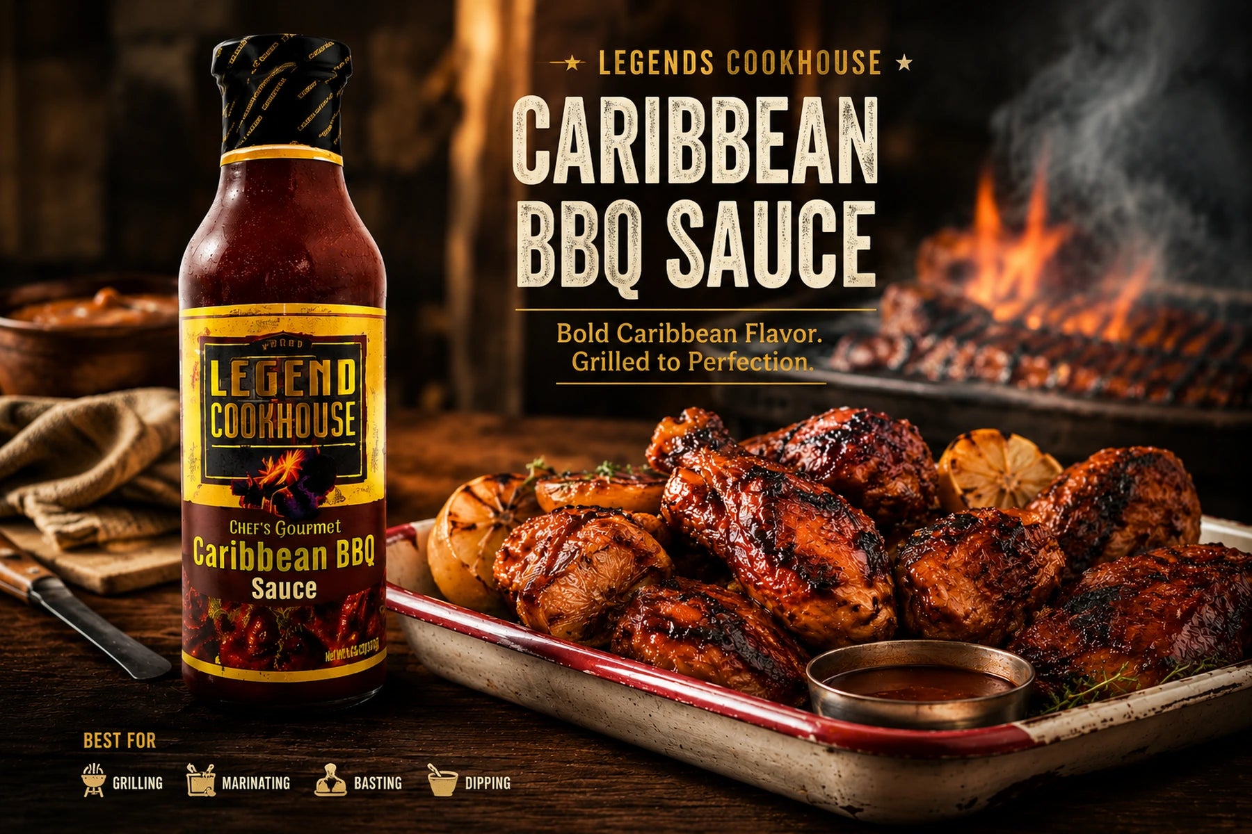 Legend Cookhouse Caribbean BBQ Sauce with smoky grilled chicken and barbecue fire scene.