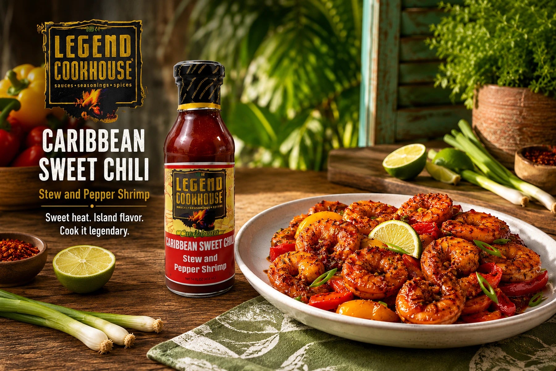 Legend Cookhouse Caribbean Sweet Chili sauce with glazed shrimp and island-style lime and scallion garnish.