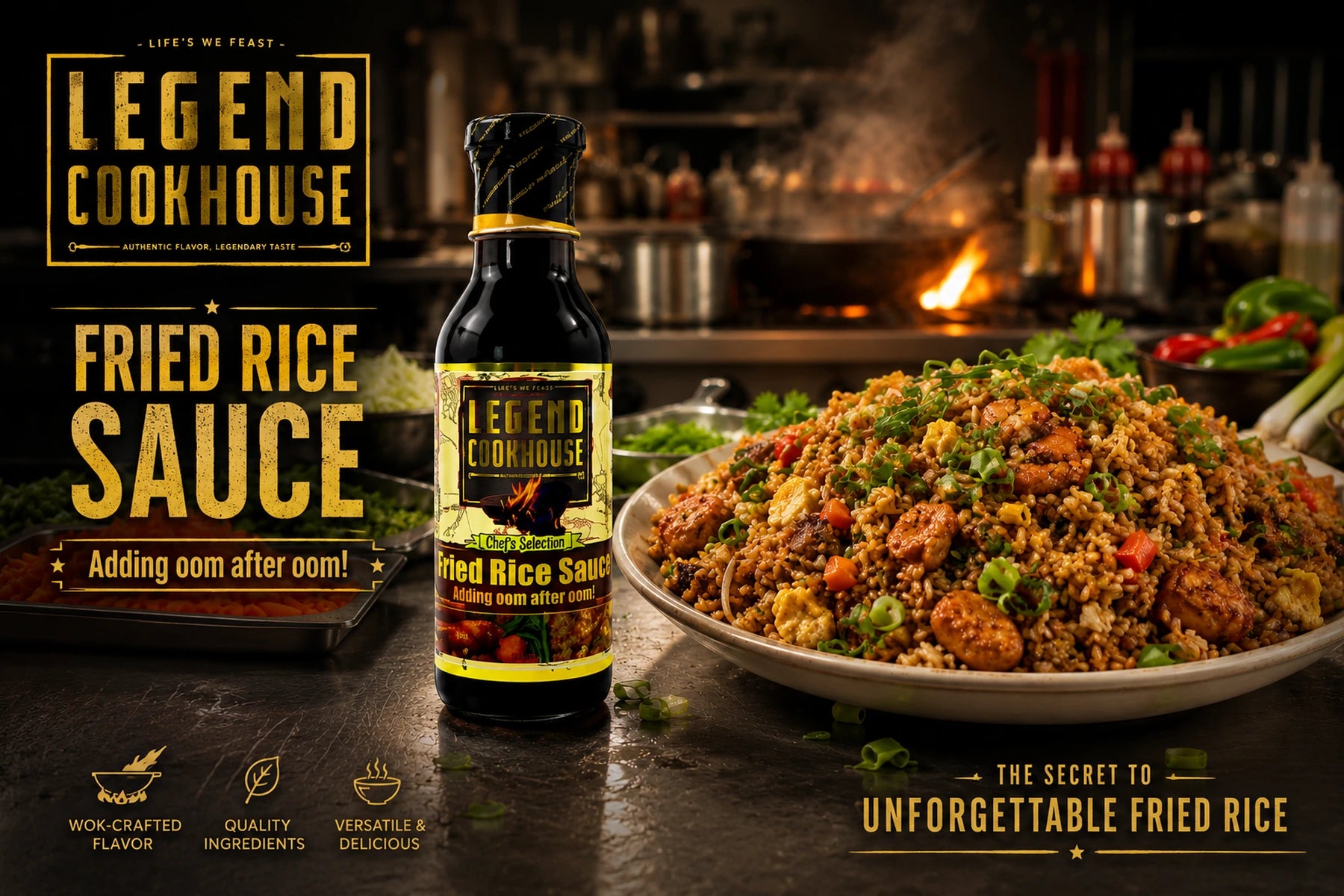 Legend Cookhouse Fried Rice Sauce beside a large fried rice platter in a hot wok kitchen.