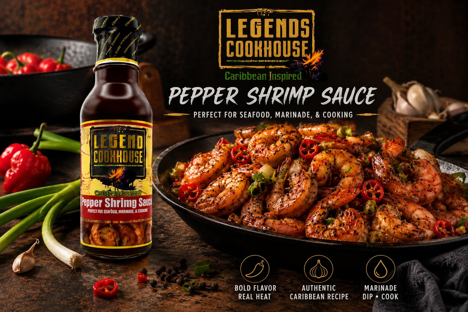 Legend Cookhouse Pepper Shrimp Sauce with peppery shrimp in a dark Caribbean-inspired skillet scene.