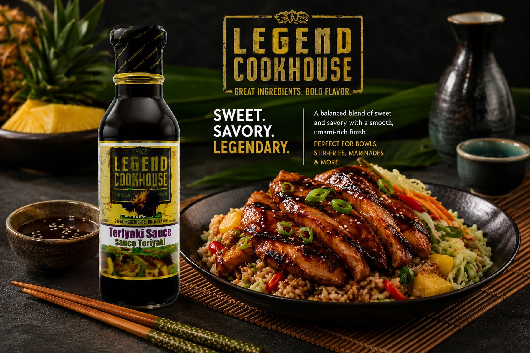 Legend Cookhouse Teriyaki Sauce with grilled teriyaki chicken rice bowl and Japanese-Caribbean fusion styling.