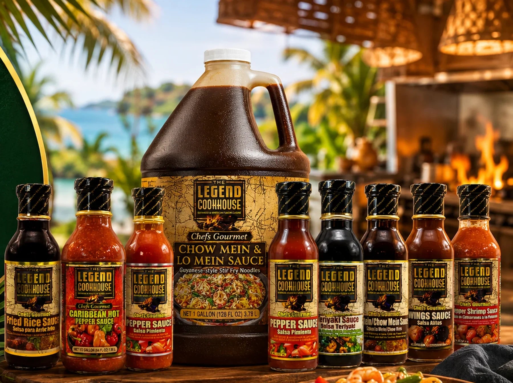 Legend Cookhouse bottle and gallon sauce lineup in an island-inspired foodservice kitchen