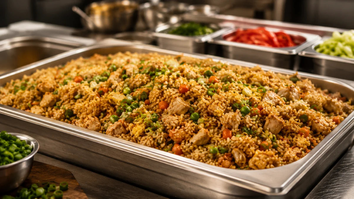 Fried rice prep-line cue for catering and bulk kitchen work