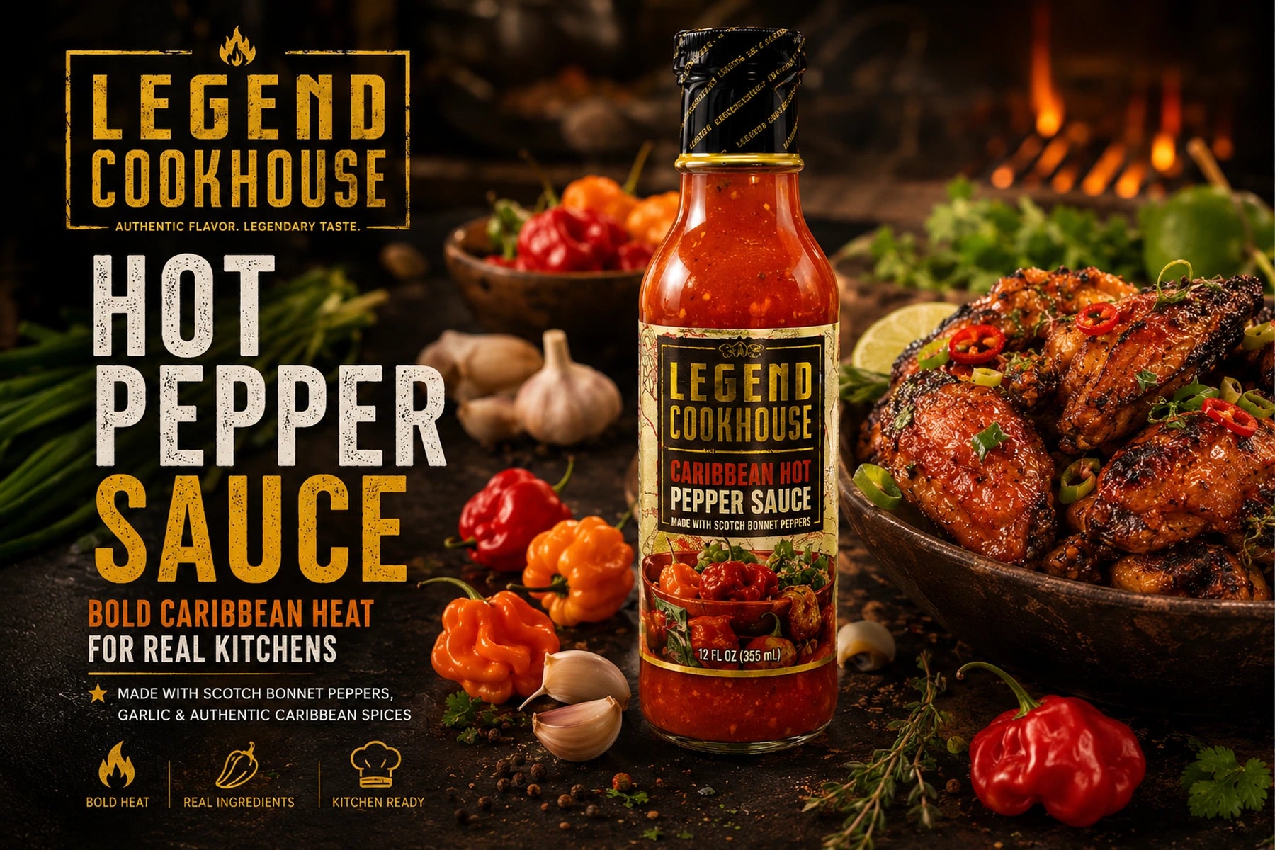 Legend Cookhouse Hot Pepper sauce bottle and gallon with Caribbean foodservice menu context.