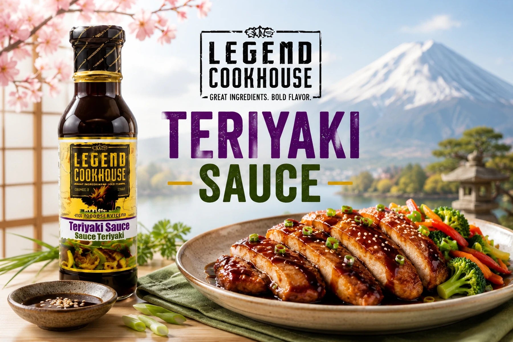 Legend Cookhouse Teriyaki Sauce with Japanese-inspired teriyaki chicken bowl and Mount Fuji styling.