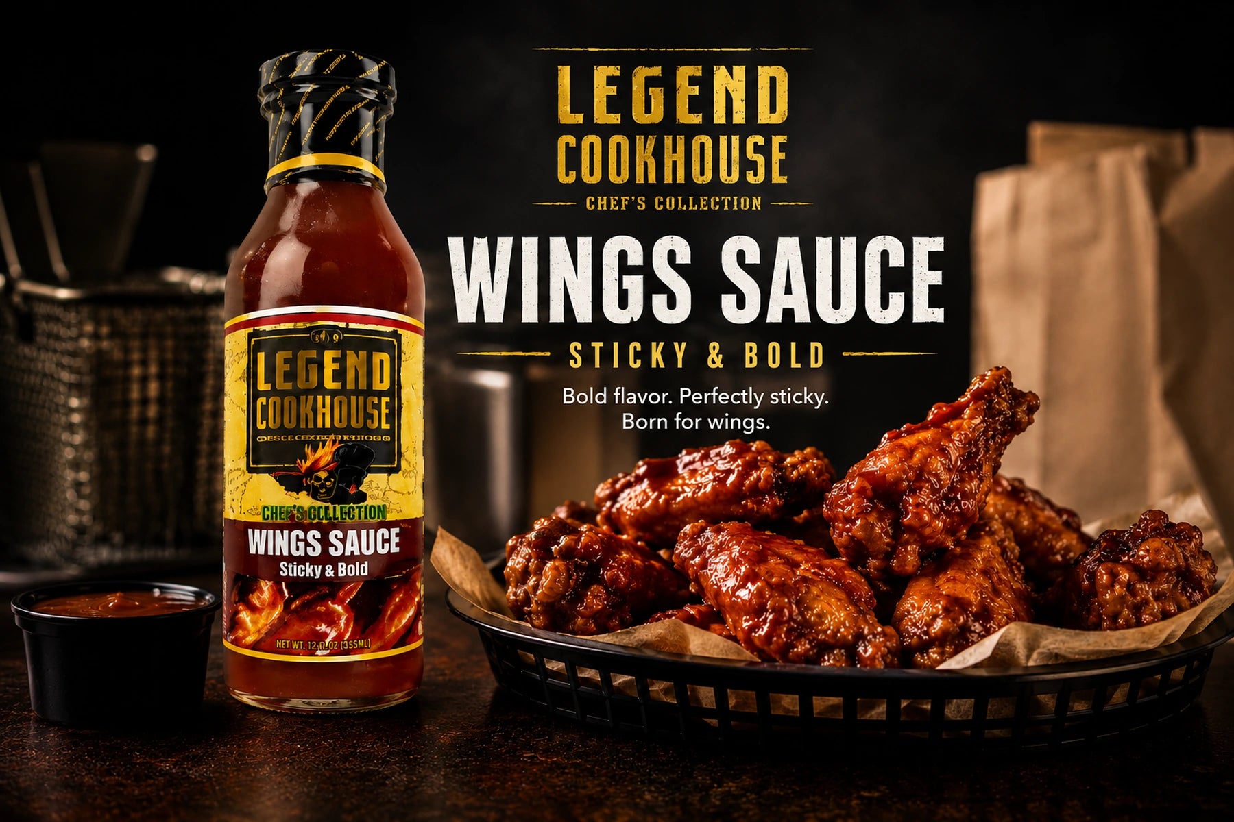 Legend Cookhouse Wings Sauce with sticky glazed wings in a foodservice fryer and takeout setting.