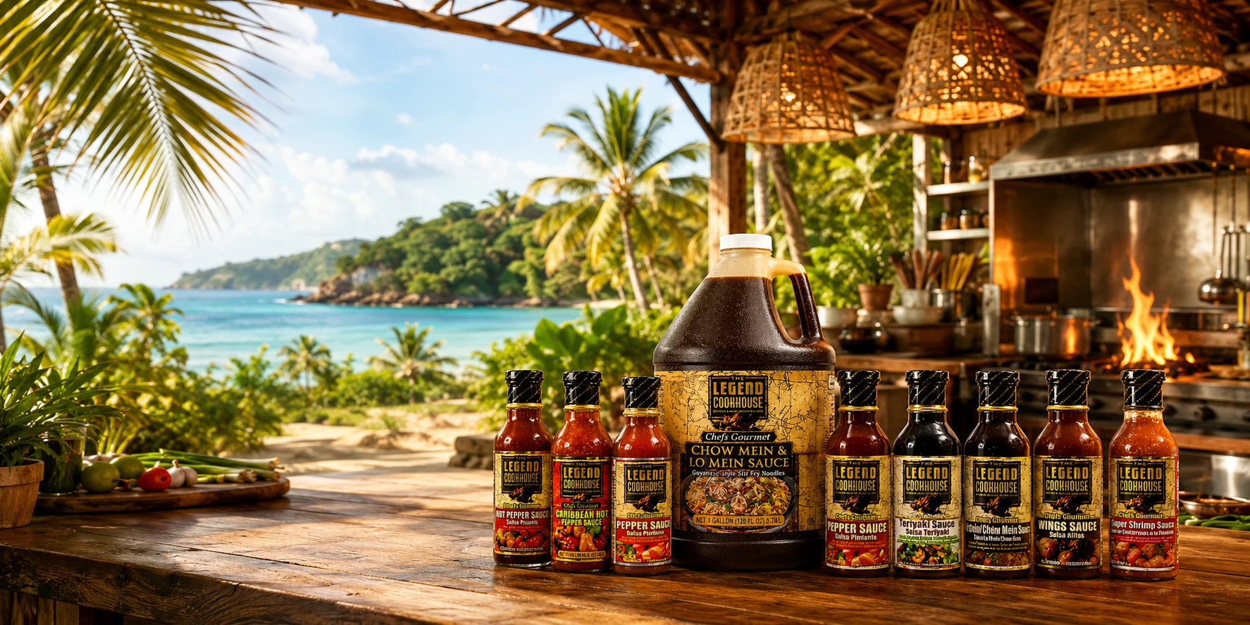 Legend Cookhouse sauce bottles and gallon jug staged for foodservice kitchens