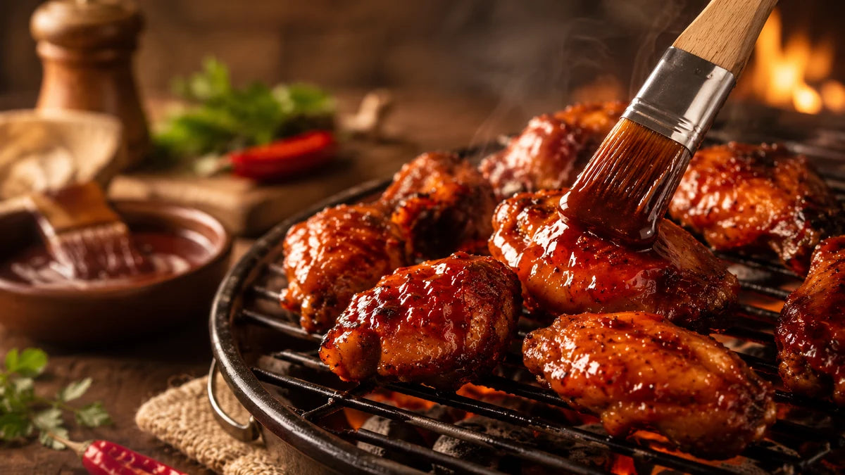 Glazed wings and grill finishing cue for sauce finishing