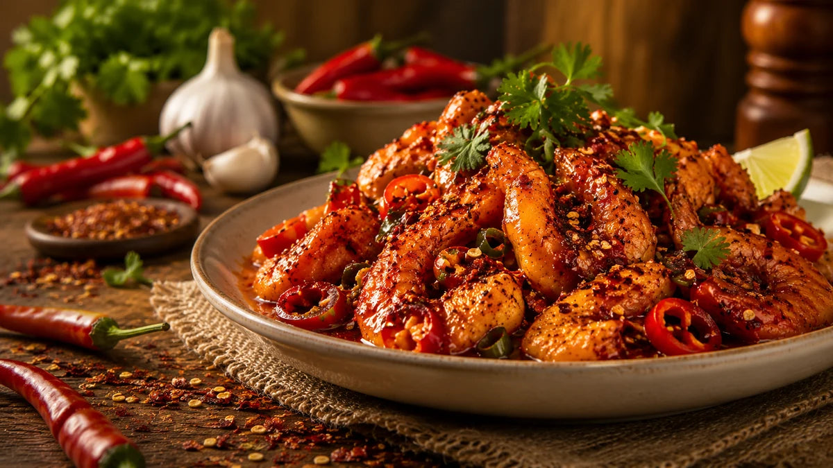 Spicy shrimp and chili heat cue for heat-driven menus